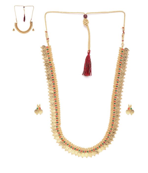 YouBella All Time Combo of Red Green Long Traditional Maharani Coin Jewellery Set and Red Green Coin Necklace Set